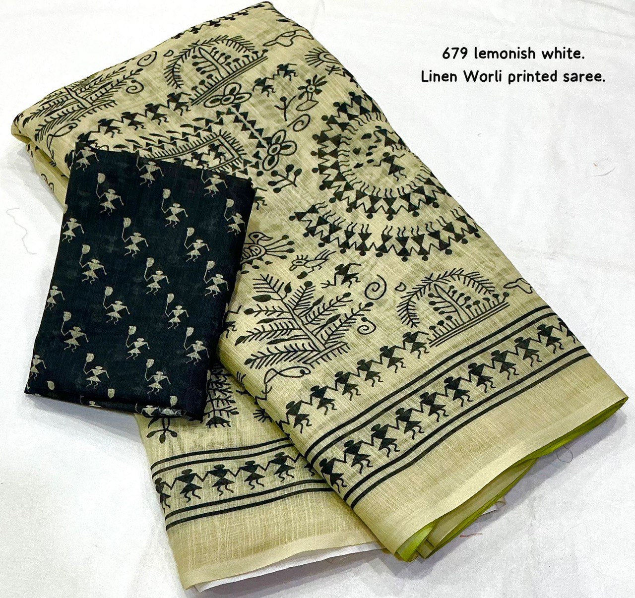 Aari Mirror Work Trendy Printed Designer Linen Saree With Running Blouse