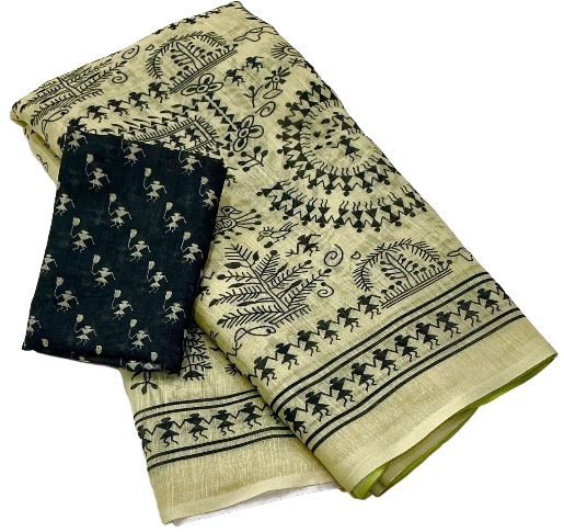 Aari Mirror Work Trendy Printed Designer Linen Saree With Running Blouse