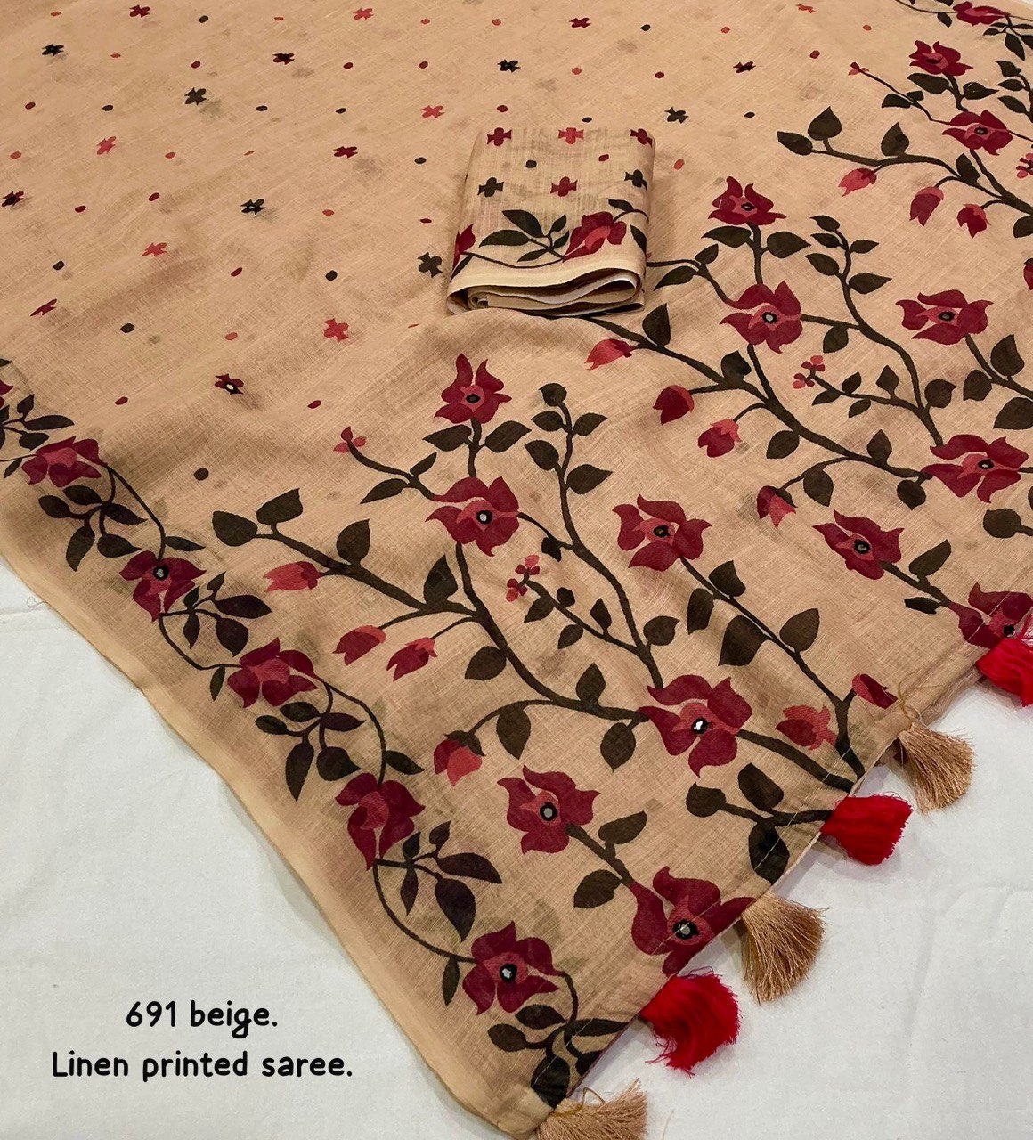 Aari Mirror Work Trendy Printed Designer Linen Saree With Running Blouse