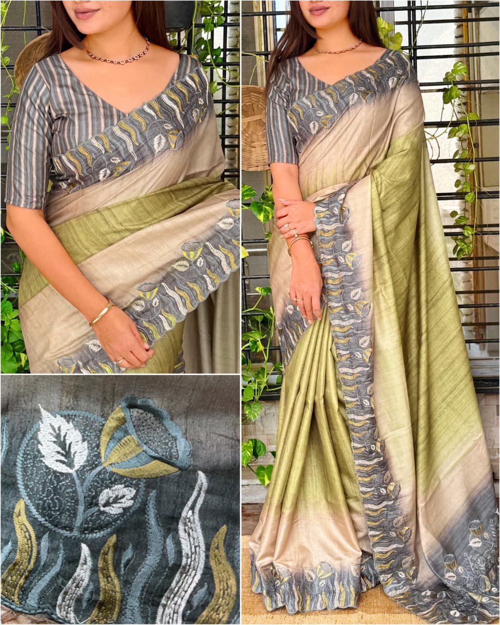 Multi-Thread Embroidery Work Tusser Silk Digital Print Saree with Tusser Blouse