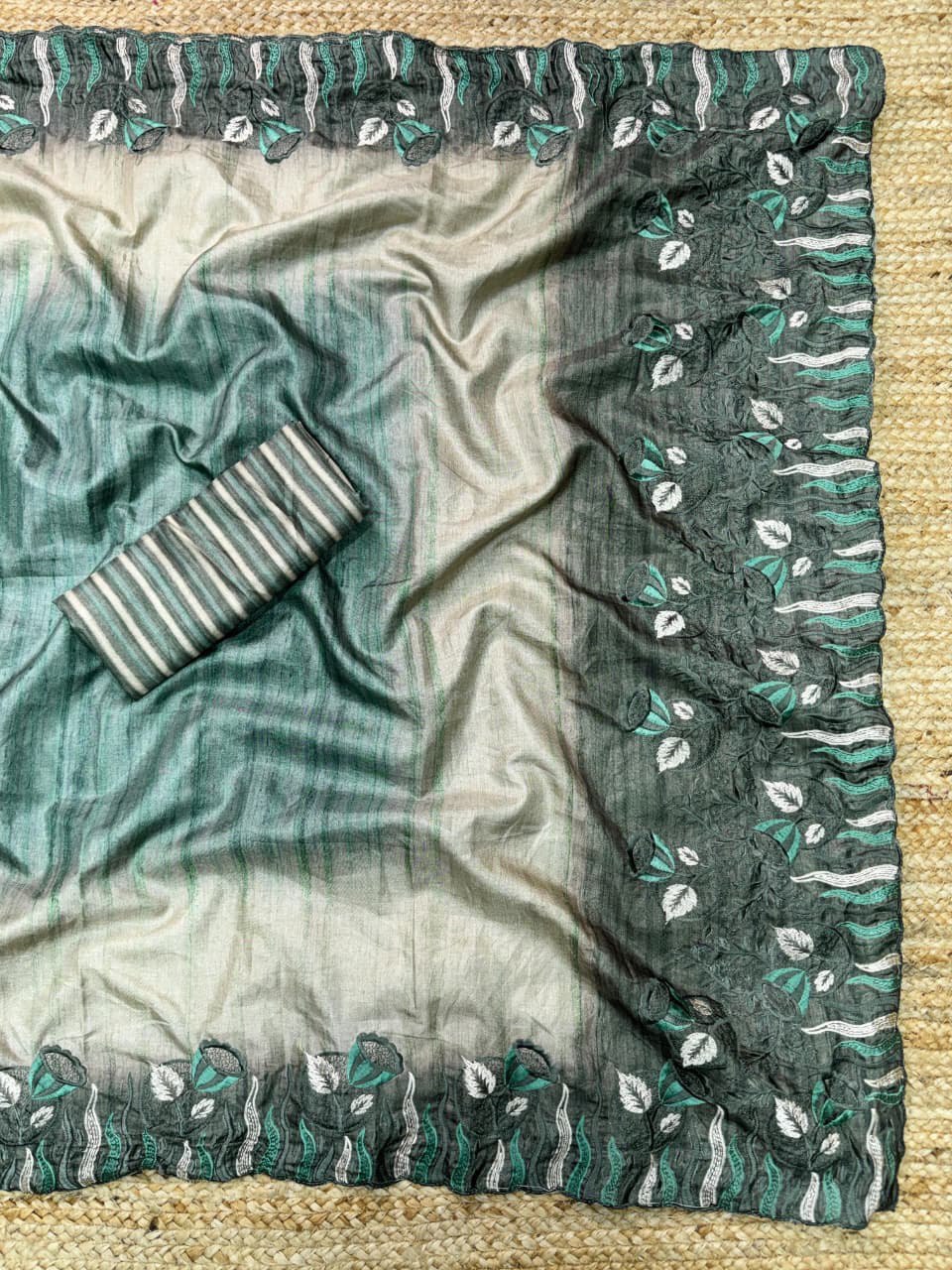 Multi-Thread Embroidery Work Tusser Silk Digital Print Saree with Tusser Blouse