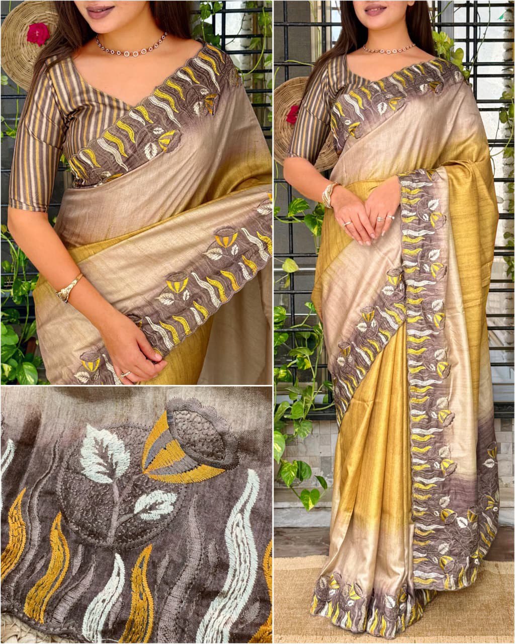 Multi-Thread Embroidery Work Tusser Silk Digital Print Saree with Tusser Blouse