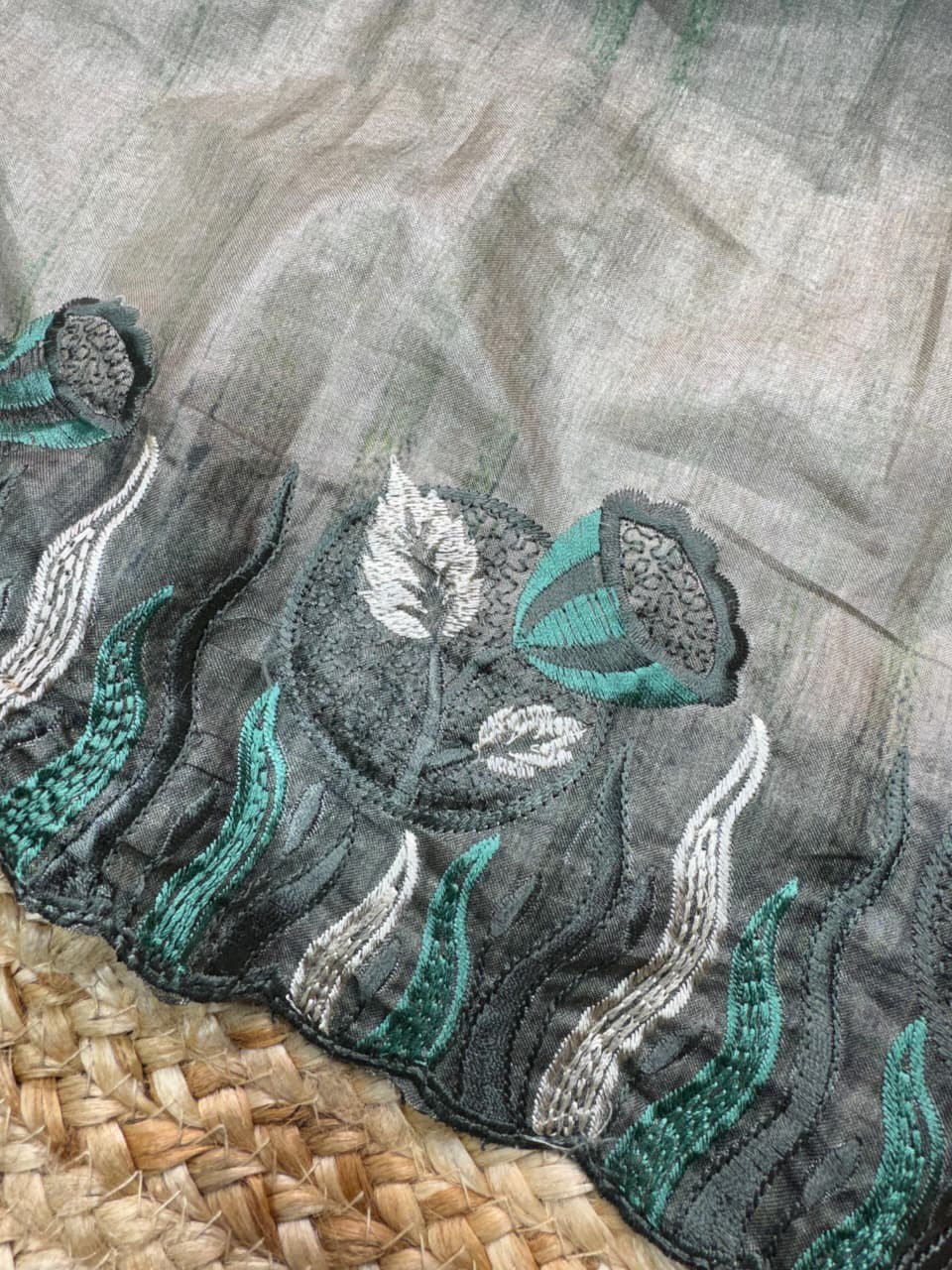 Multi-Thread Embroidery Work Tusser Silk Digital Print Saree with Tusser Blouse