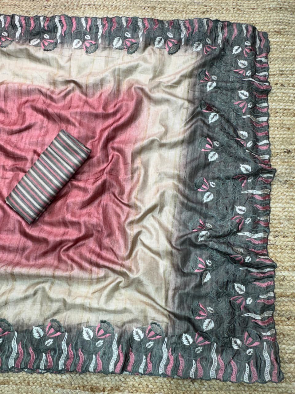 Multi-Thread Embroidery Work Tusser Silk Digital Print Saree with Tusser Blouse