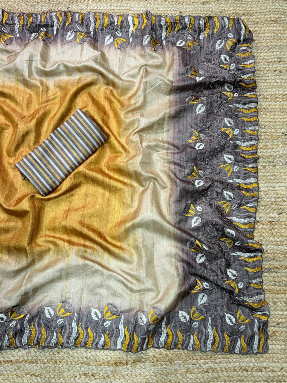 Multi-Thread Embroidery Work Tusser Silk Digital Print Saree with Tusser Blouse