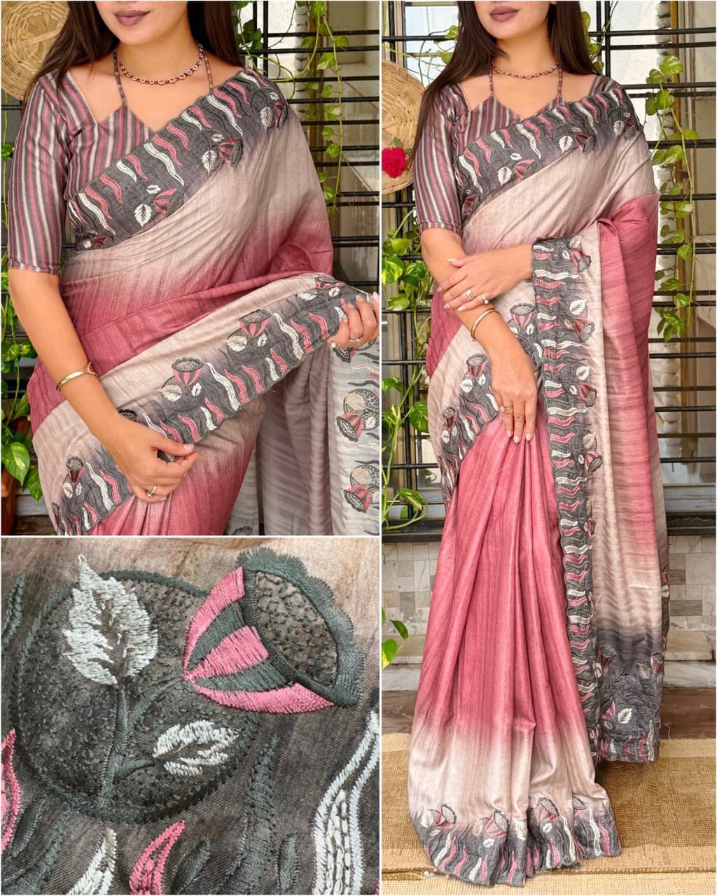 Multi-Thread Embroidery Work Tusser Silk Digital Print Saree with Tusser Blouse