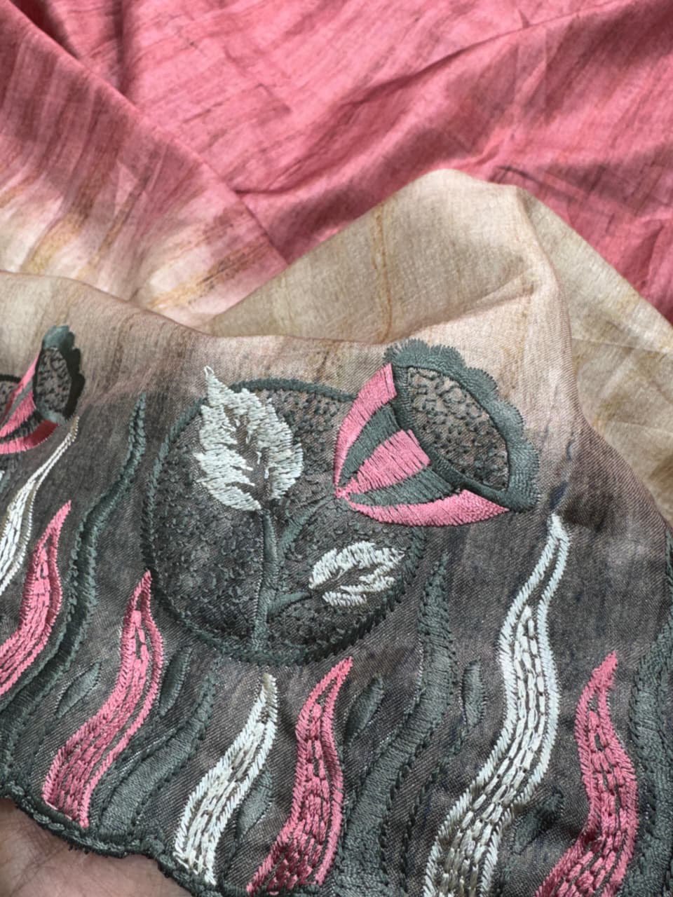 Multi-Thread Embroidery Work Tusser Silk Digital Print Saree with Tusser Blouse