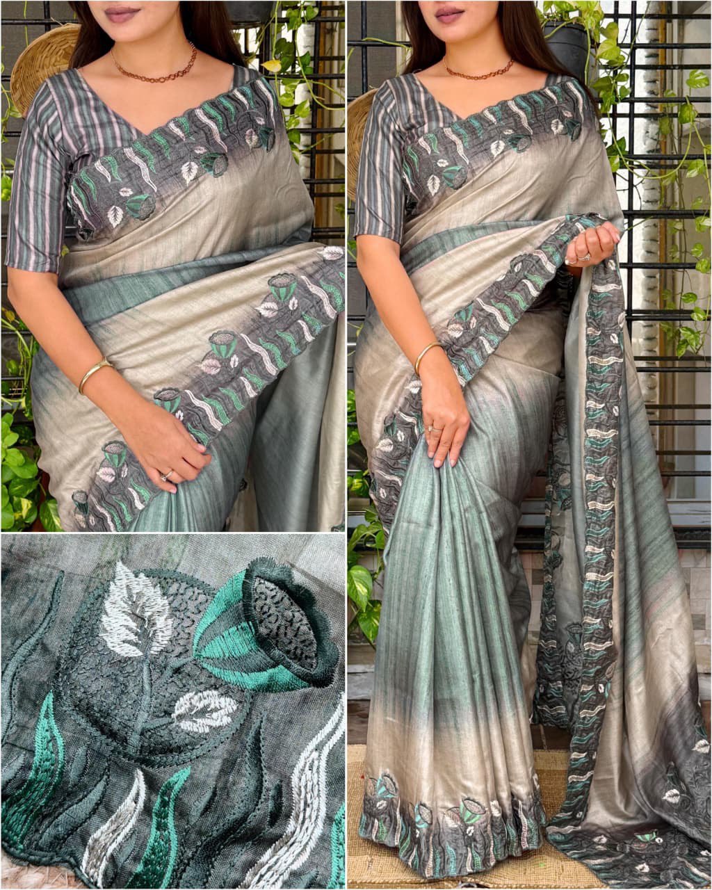 Multi-Thread Embroidery Work Tusser Silk Digital Print Saree with Tusser Blouse