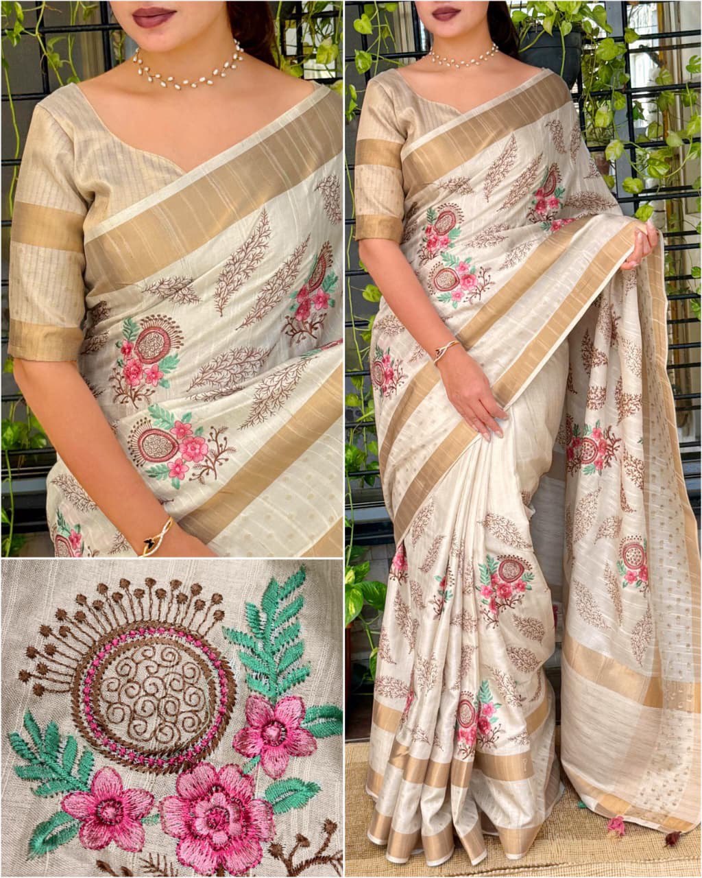 Kashmiri Style Multi-Thread Embroidery Pure Tusser Cotton Saree With Running Blouse