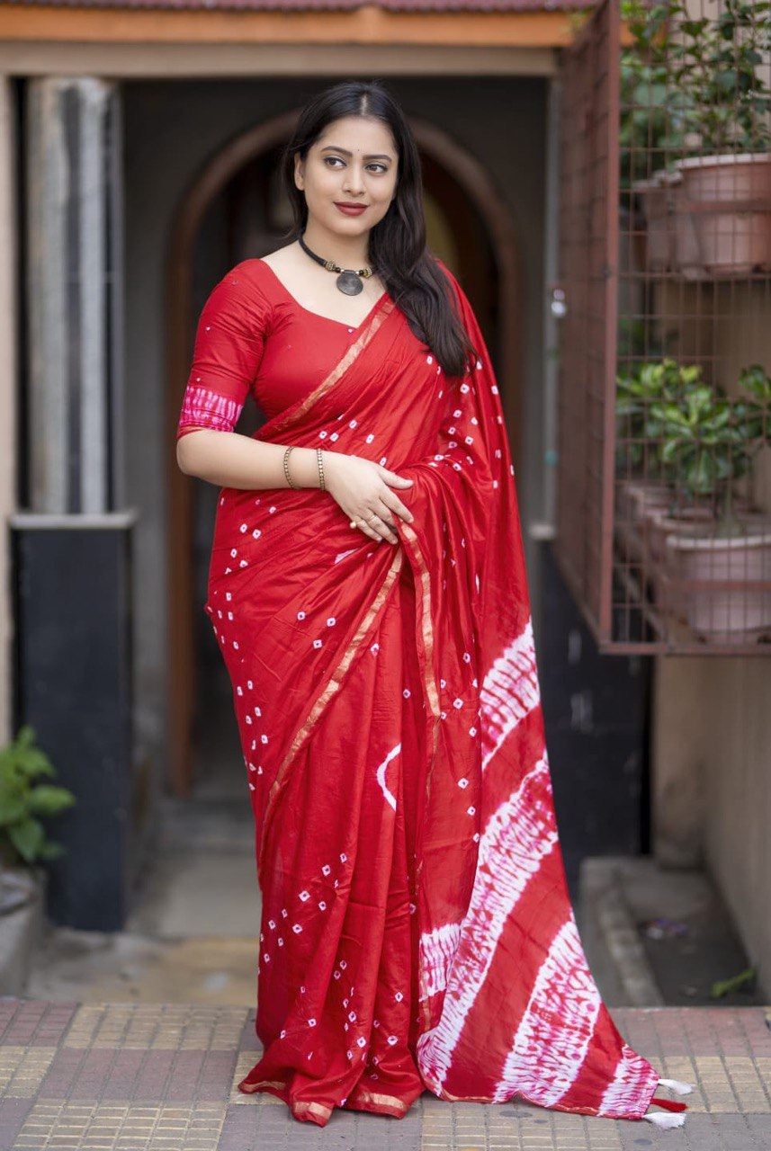 Pure Chanderi Cotton Hand-Tied Bandhani Saree with Blouse