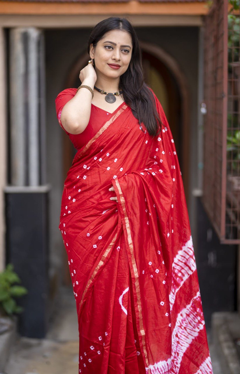 Pure Chanderi Cotton Hand-Tied Bandhani Saree with Blouse