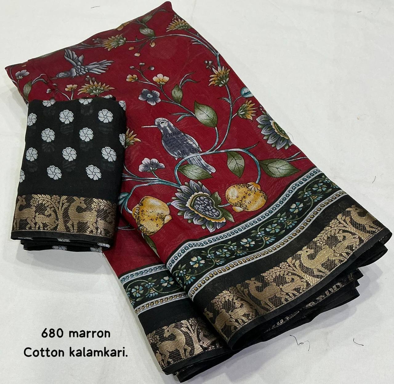 Mangalgiri Style Zari Pattu Border Cotton Kalamkari Printed Saree with Running Blouse