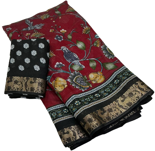 Mangalgiri Style Zari Pattu Border Cotton Kalamkari Printed Saree with Running Blouse