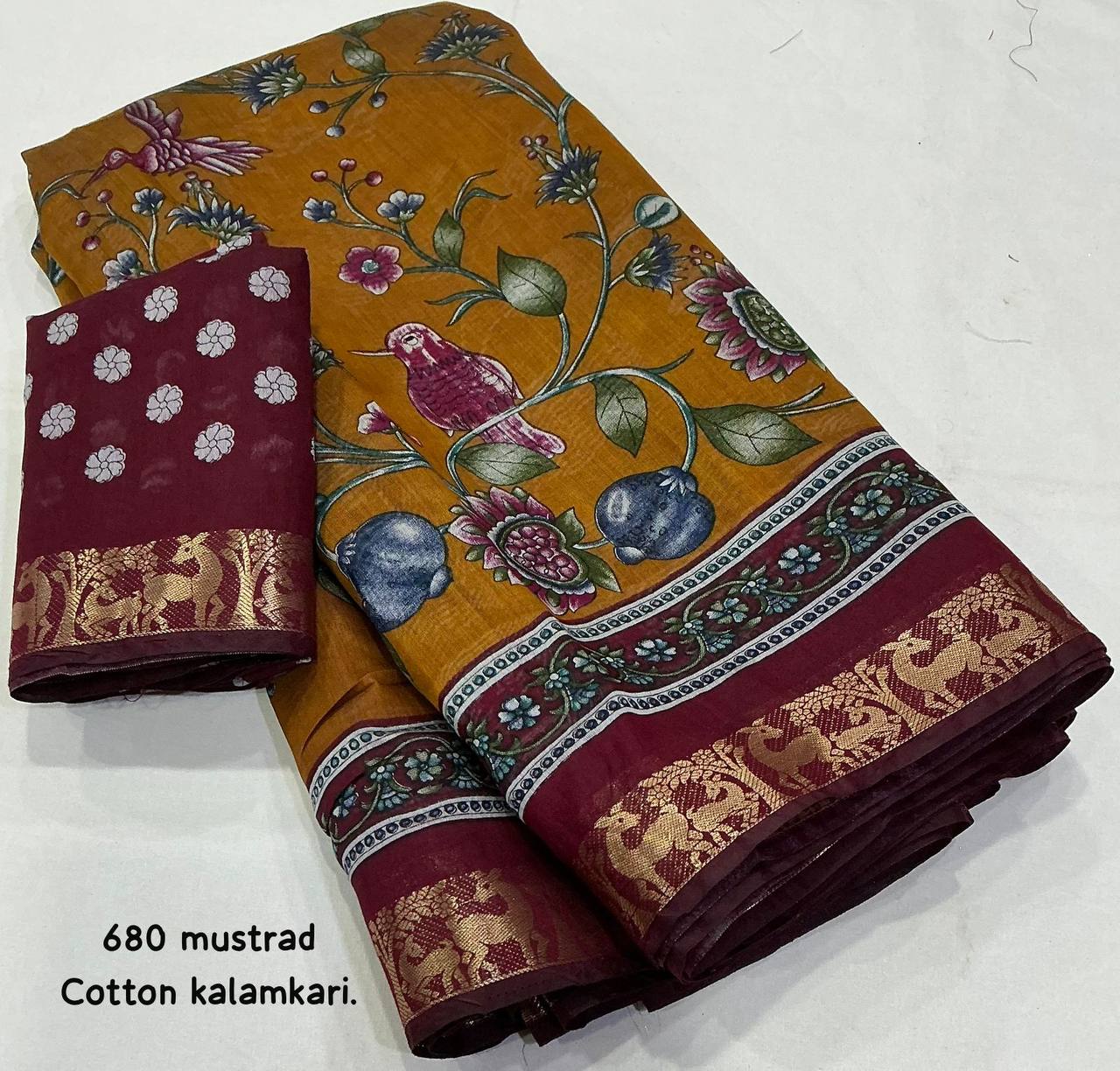 Mangalgiri Style Zari Pattu Border Cotton Kalamkari Printed Saree with Running Blouse