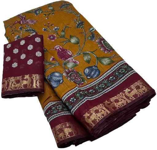 Mangalgiri Style Zari Pattu Border Cotton Kalamkari Printed Saree with Running Blouse