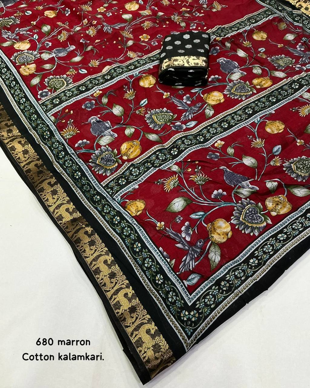 Mangalgiri Style Zari Pattu Border Cotton Kalamkari Printed Saree with Running Blouse