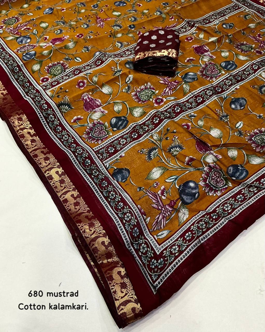 Mangalgiri Style Zari Pattu Border Cotton Kalamkari Printed Saree with Running Blouse