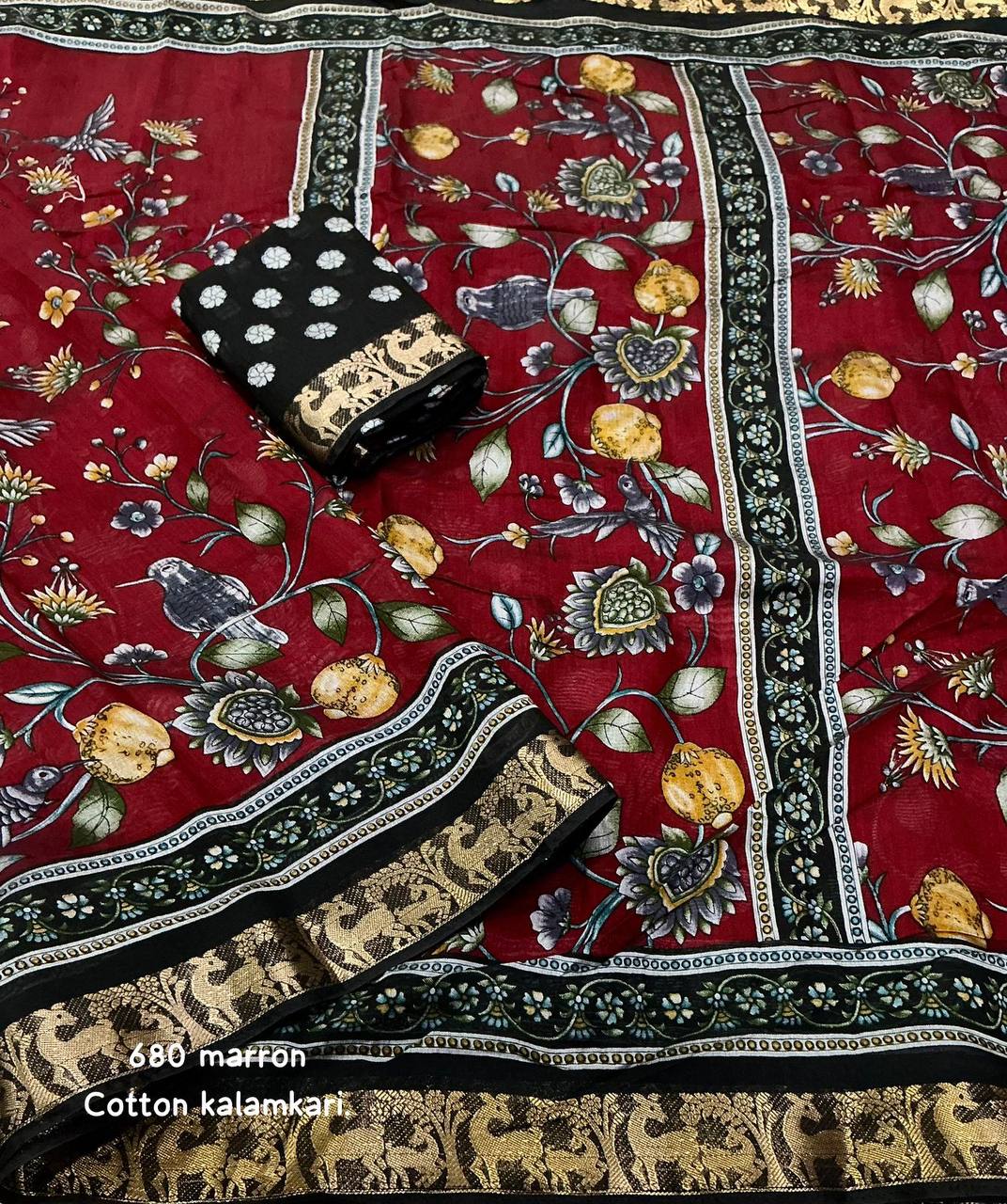 Mangalgiri Style Zari Pattu Border Cotton Kalamkari Printed Saree with Running Blouse