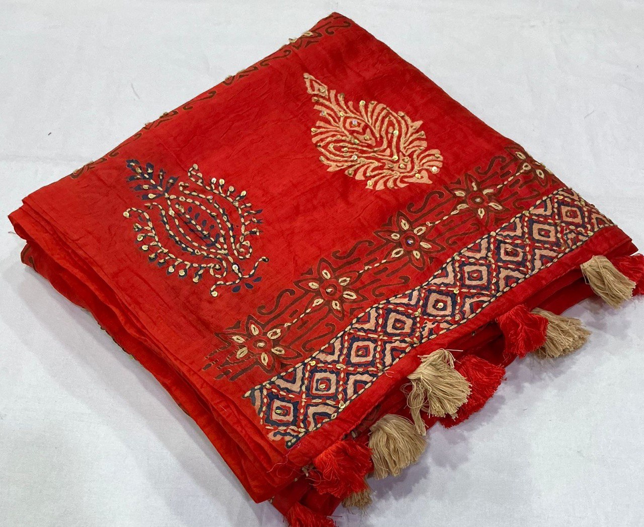 Pure Chanderi Cotton with Hand Block Prints Ajrakh Hand Work Saree