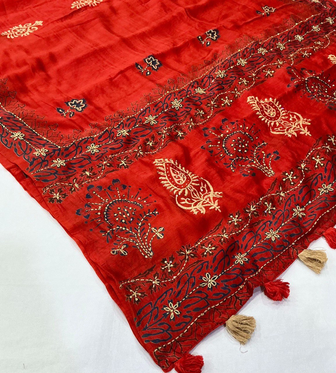 Pure Chanderi Cotton with Hand Block Prints Ajrakh Hand Work Saree