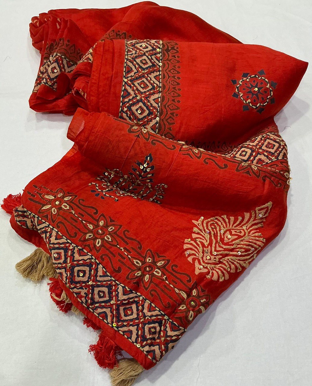 Pure Chanderi Cotton with Hand Block Prints Ajrakh Hand Work Saree