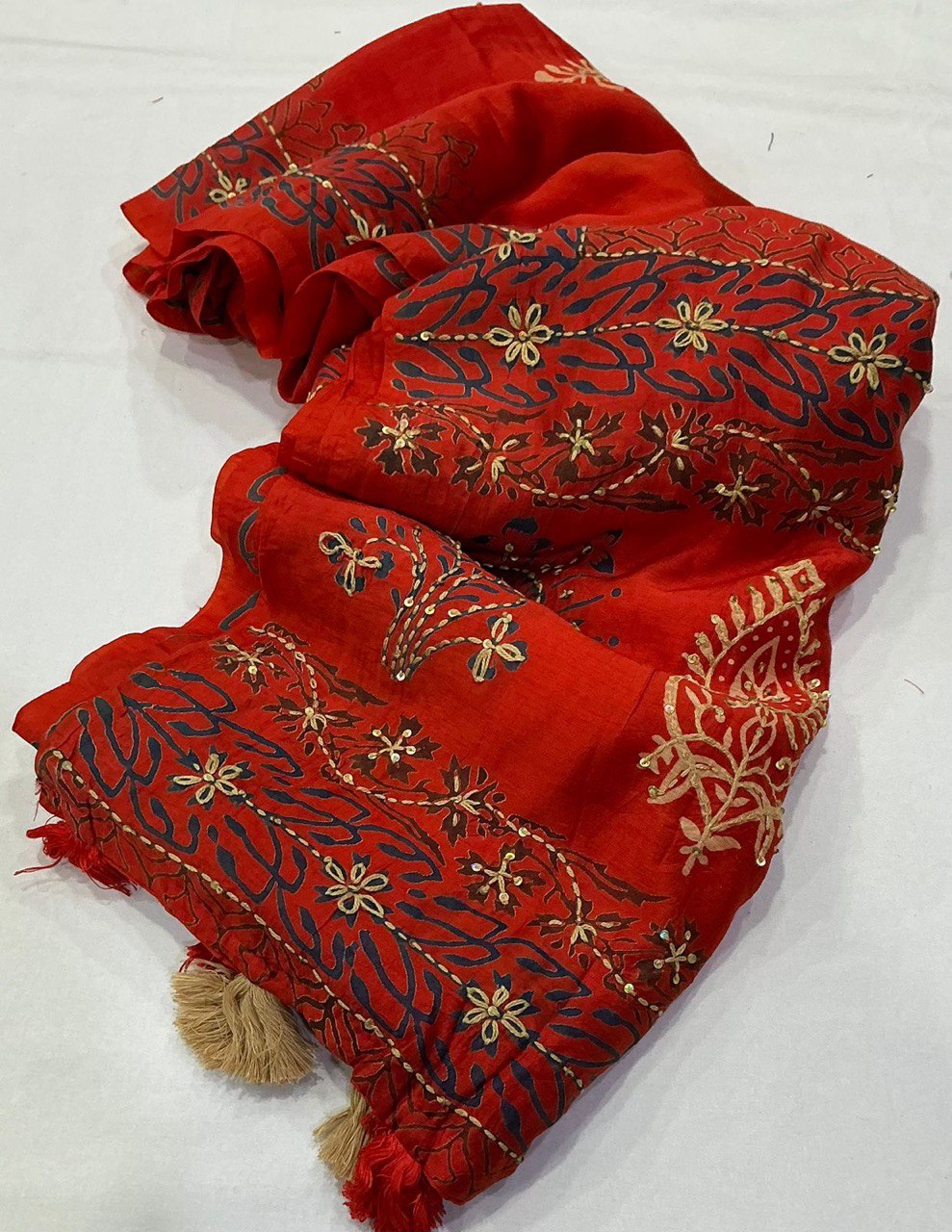 Pure Chanderi Cotton with Hand Block Prints Ajrakh Hand Work Saree