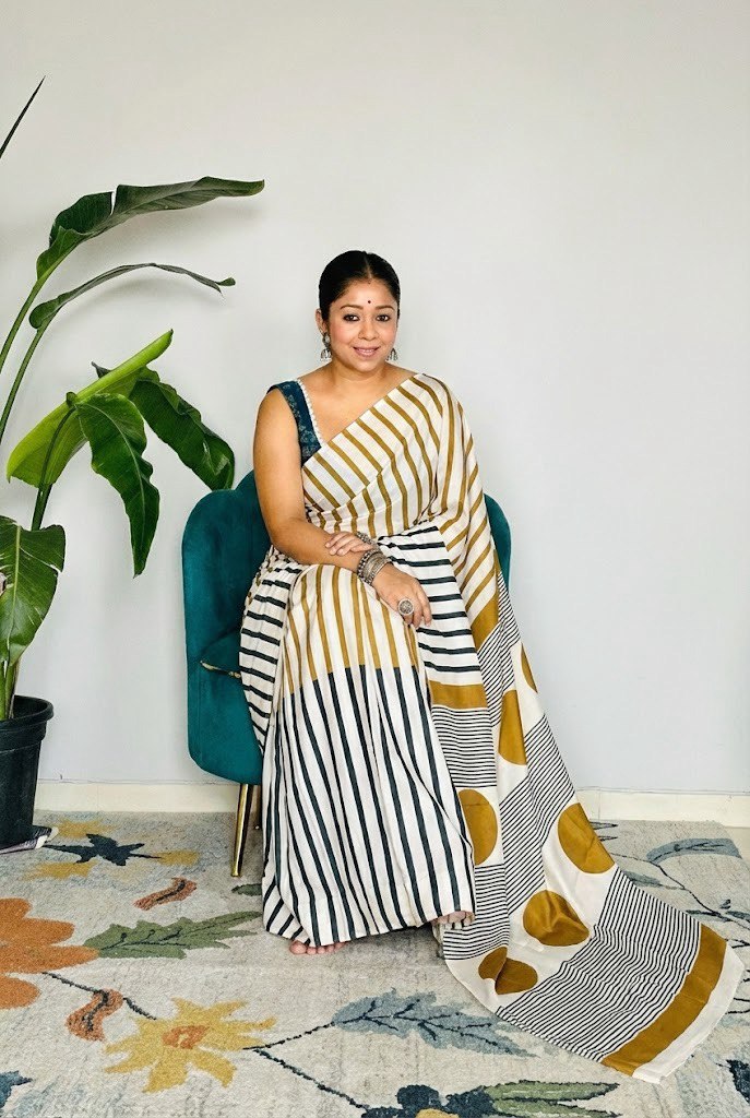 Ajrakh Polka Dot Striped Model Silk Saree with Digital Print Blouse