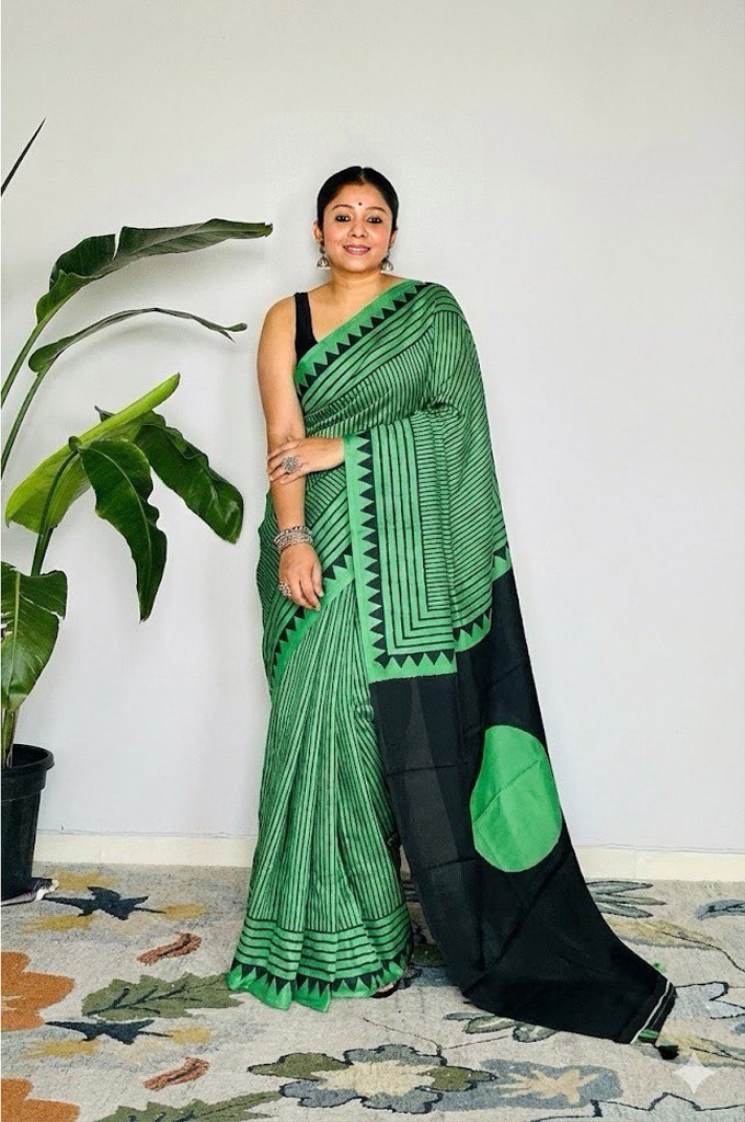 Ajrakh Polka Dot Striped Model Silk Saree with Digital Print Blouse