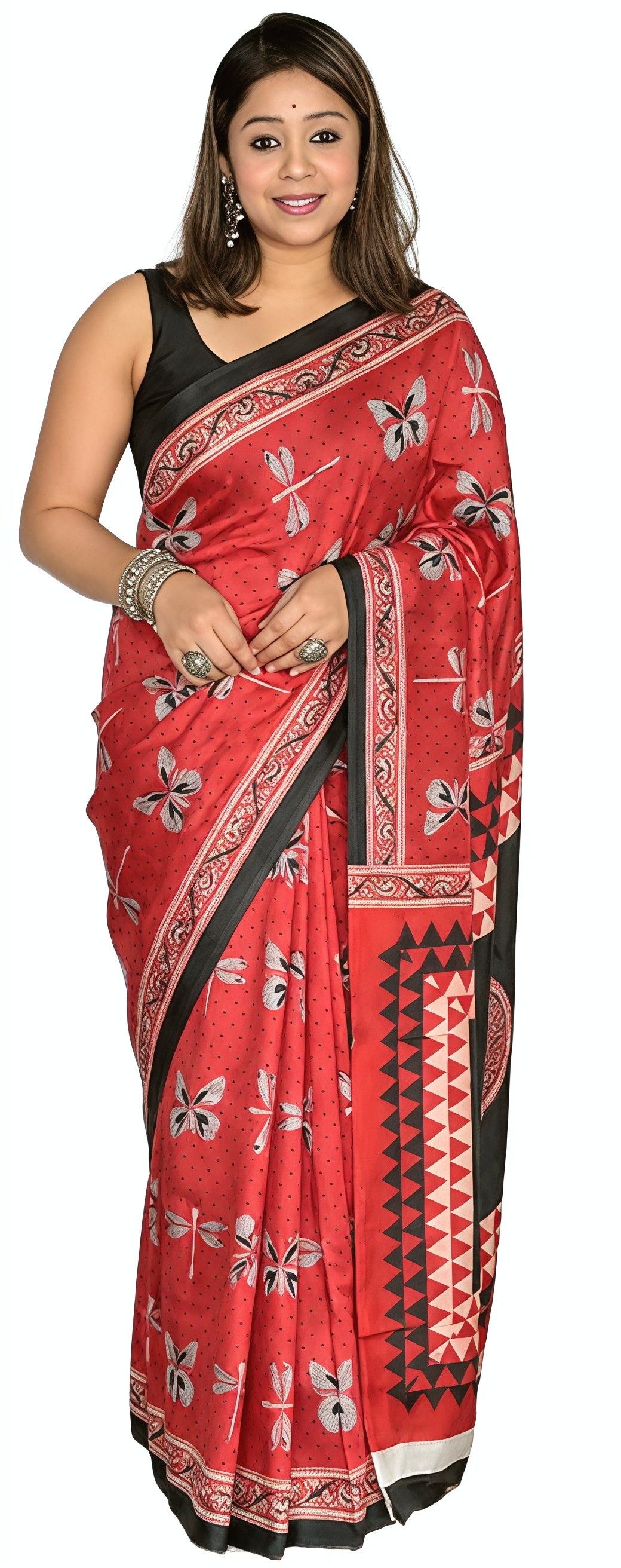 Ajrakh Polka Dot Striped Model Silk Saree with Digital Print Blouse