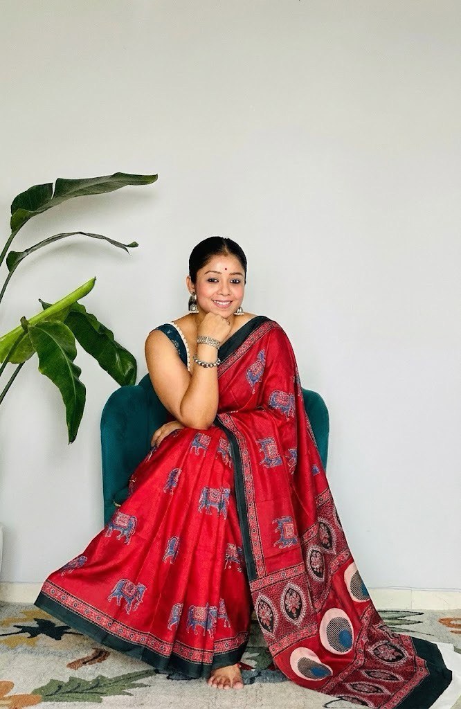 Ajrakh Polka Dot Striped Model Silk Saree with Digital Print Blouse