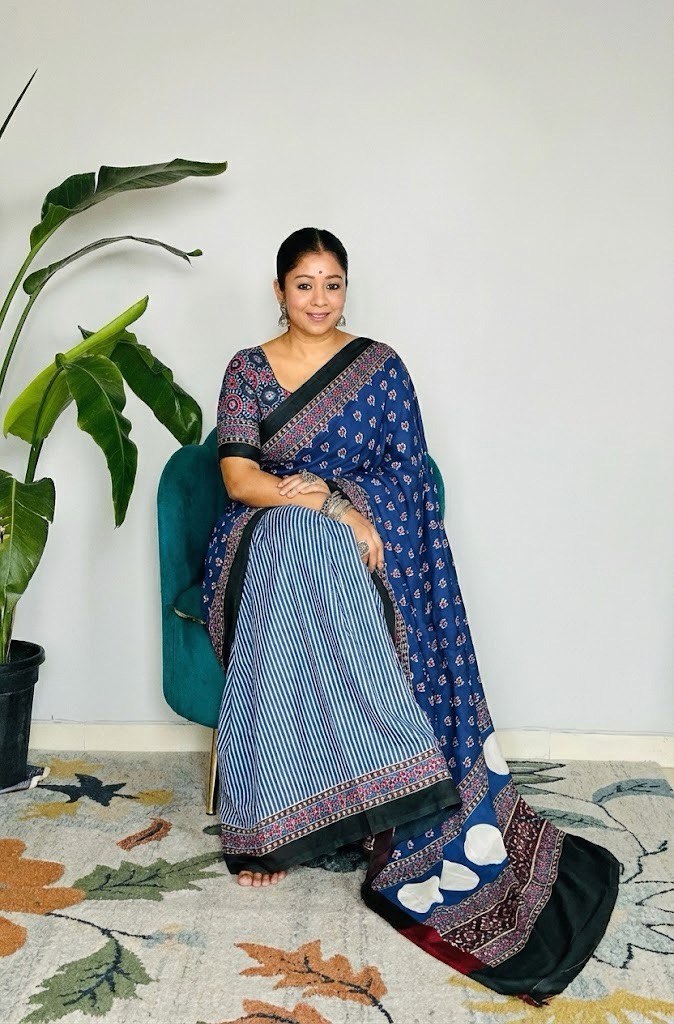 Ajrakh Polka Dot Striped Model Silk Saree with Digital Print Blouse