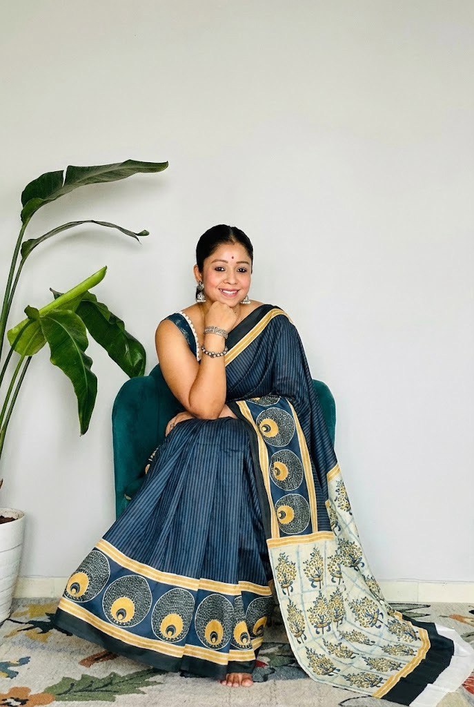 Ajrakh Polka Dot Striped Model Silk Saree with Digital Print Blouse