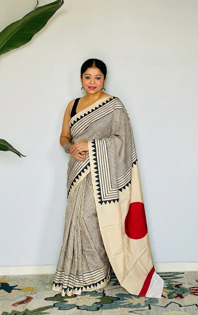 Ajrakh Polka Dot Striped Model Silk Saree with Digital Print Blouse