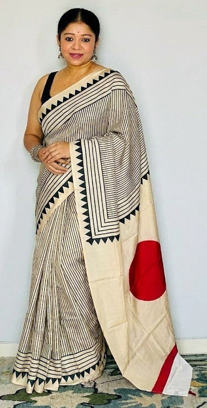 Ajrakh Polka Dot Striped Model Silk Saree with Digital Print Blouse