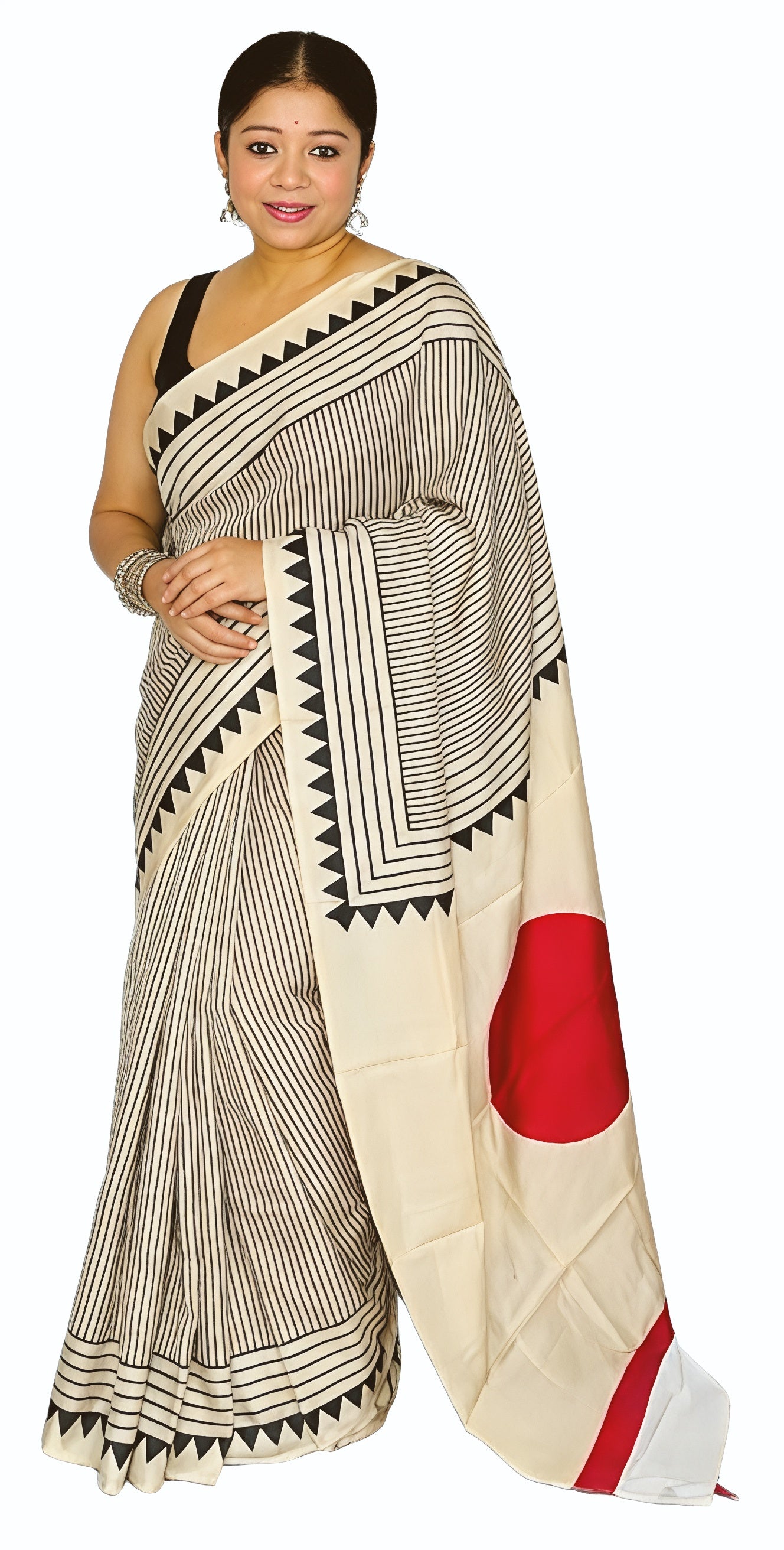 Ajrakh Polka Dot Striped Model Silk Saree with Digital Print Blouse