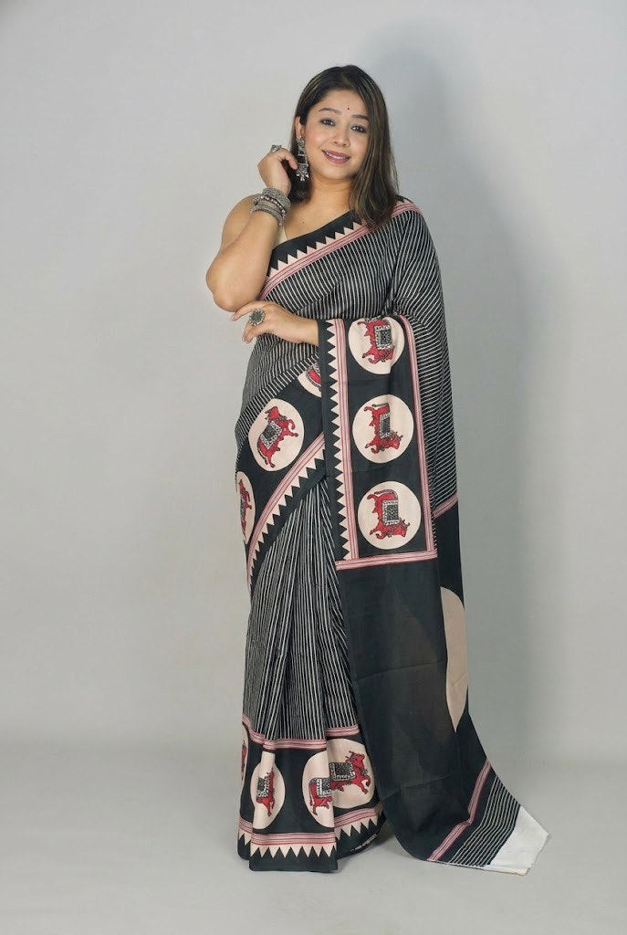 Ajrakh Polka Dot Striped Model Silk Saree with Digital Print Blouse