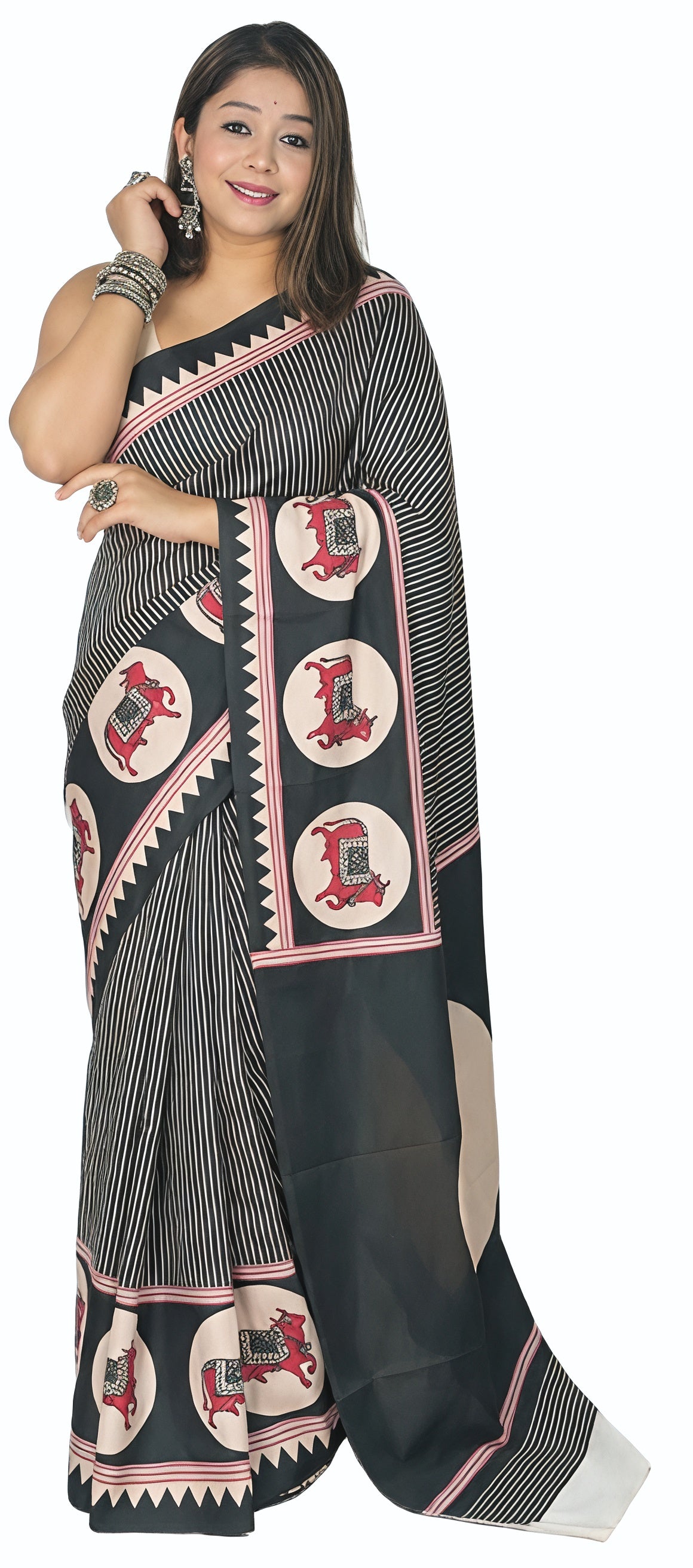 Ajrakh Polka Dot Striped Model Silk Saree with Digital Print Blouse