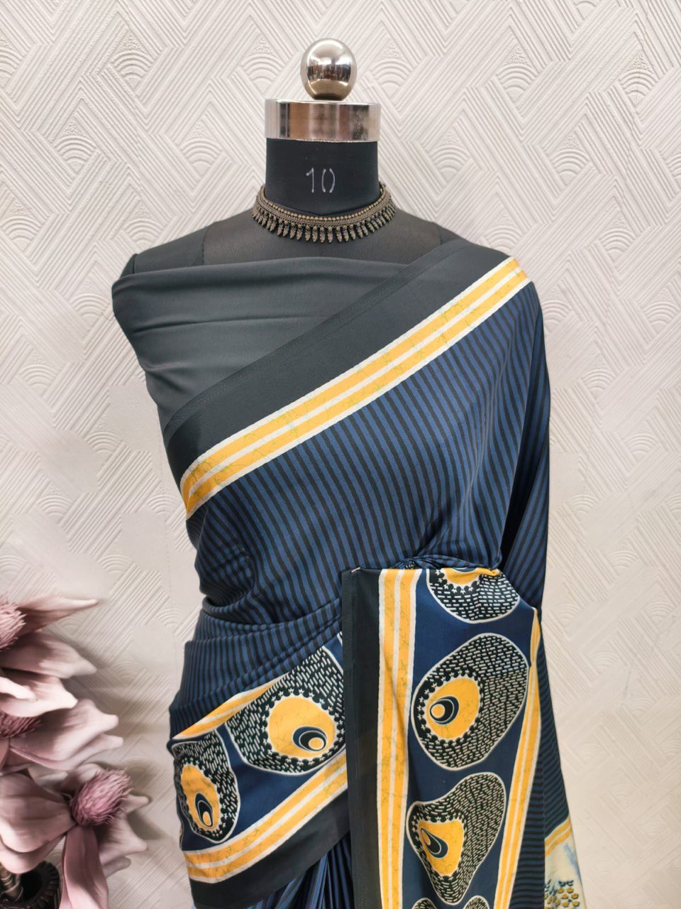 Ajrakh Polka Dot Striped Model Silk Saree with Digital Print Blouse