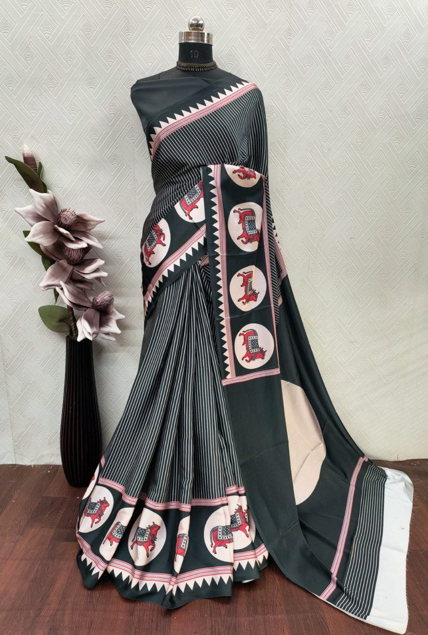 Ajrakh Polka Dot Striped Model Silk Saree with Digital Print Blouse