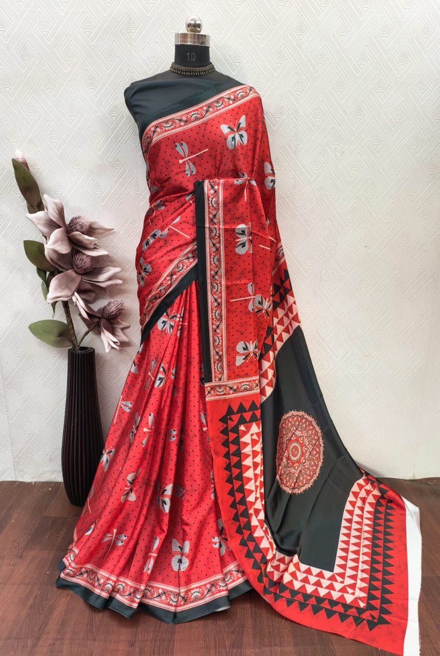 Ajrakh Polka Dot Striped Model Silk Saree with Digital Print Blouse