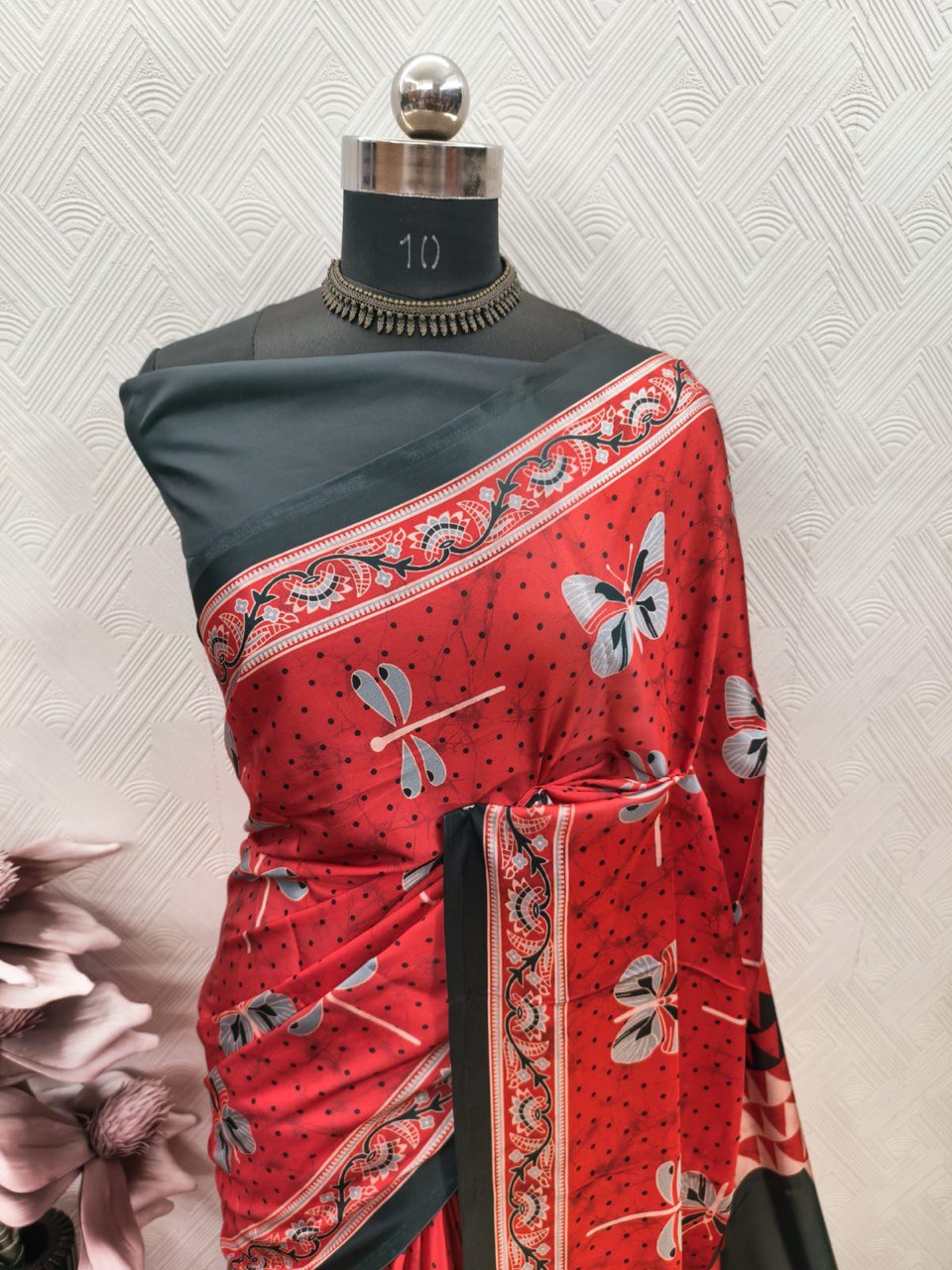 Ajrakh Polka Dot Striped Model Silk Saree with Digital Print Blouse