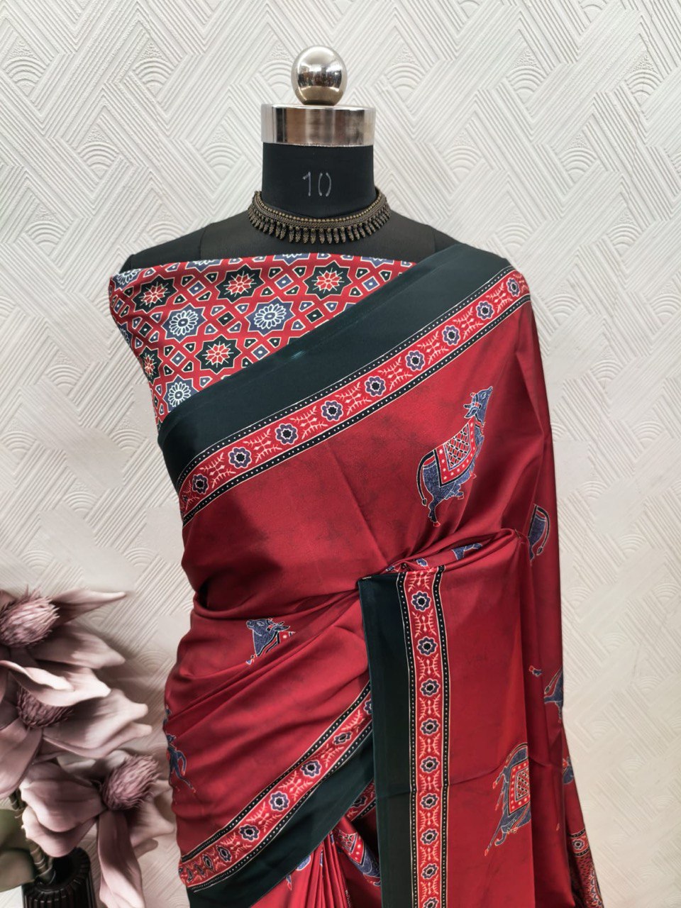 Ajrakh Polka Dot Striped Model Silk Saree with Digital Print Blouse