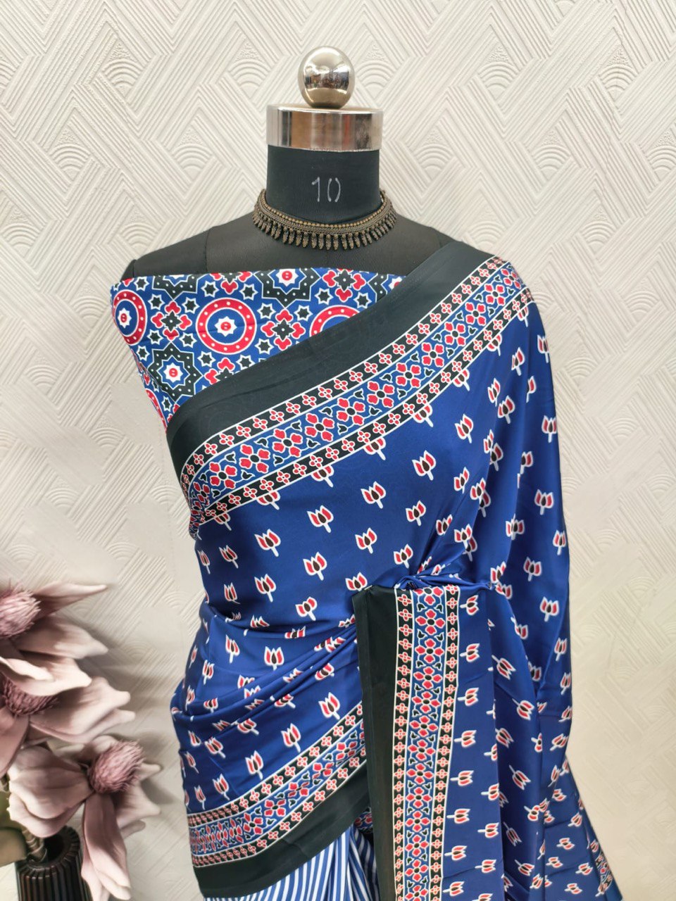 Ajrakh Polka Dot Striped Model Silk Saree with Digital Print Blouse