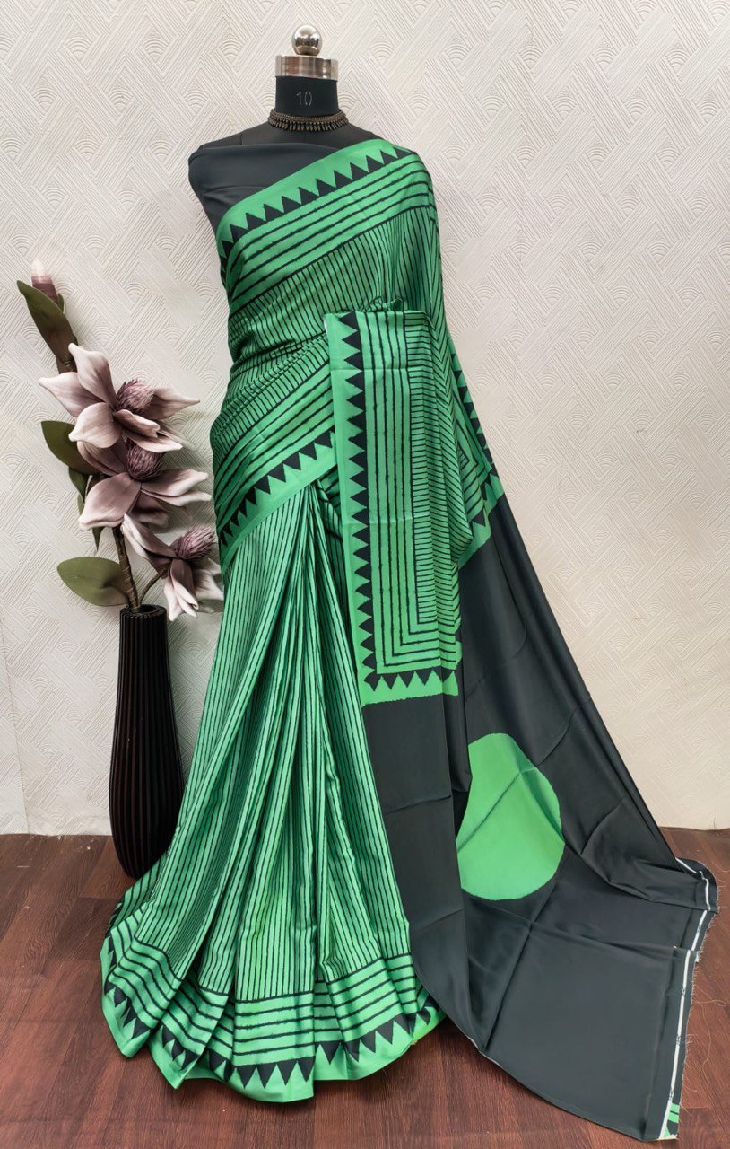 Ajrakh Polka Dot Striped Model Silk Saree with Digital Print Blouse