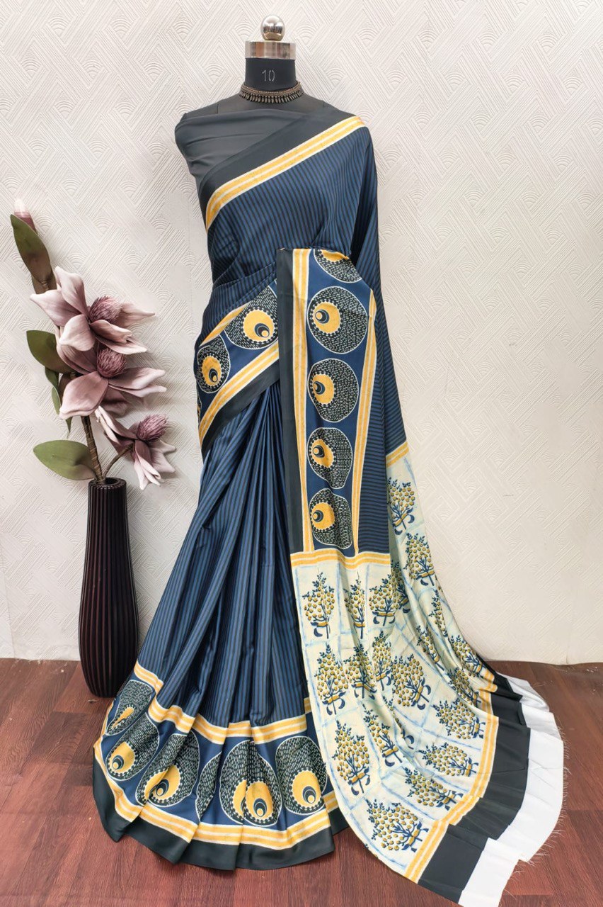 Ajrakh Polka Dot Striped Model Silk Saree with Digital Print Blouse