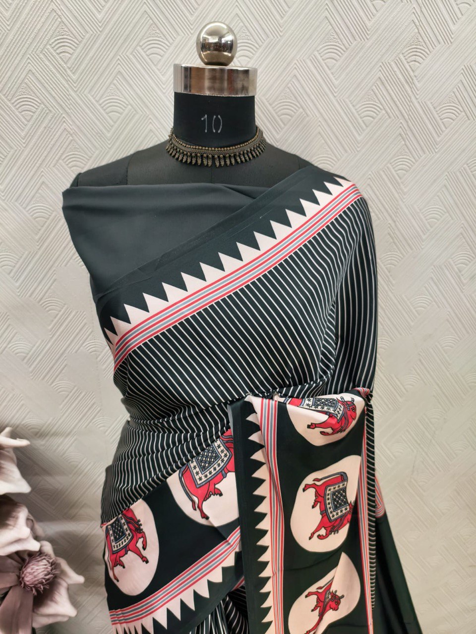 Ajrakh Polka Dot Striped Model Silk Saree with Digital Print Blouse