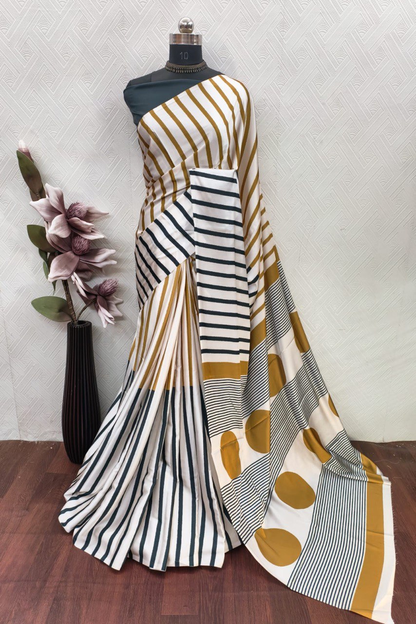 Ajrakh Polka Dot Striped Model Silk Saree with Digital Print Blouse