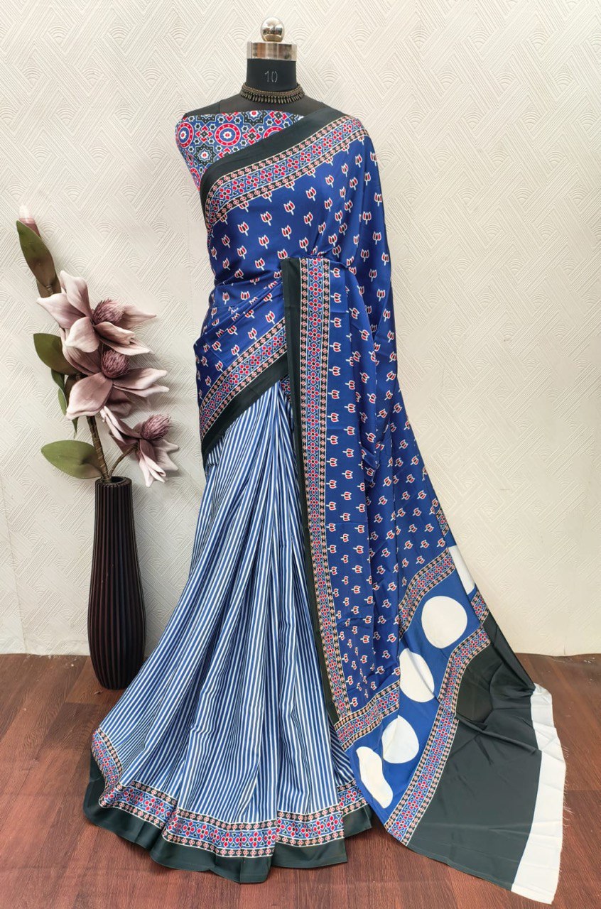 Ajrakh Polka Dot Striped Model Silk Saree with Digital Print Blouse