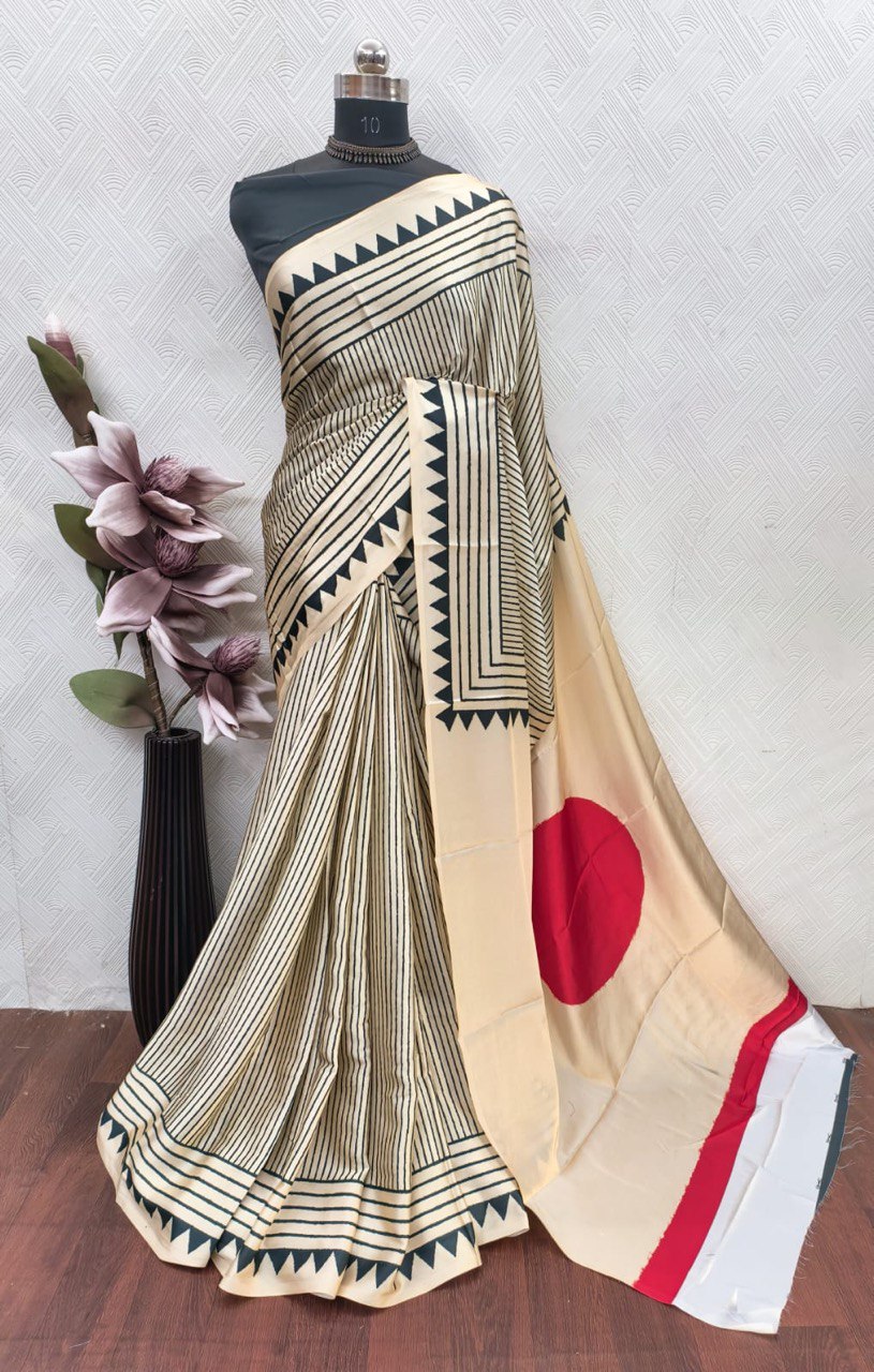Ajrakh Polka Dot Striped Model Silk Saree with Digital Print Blouse