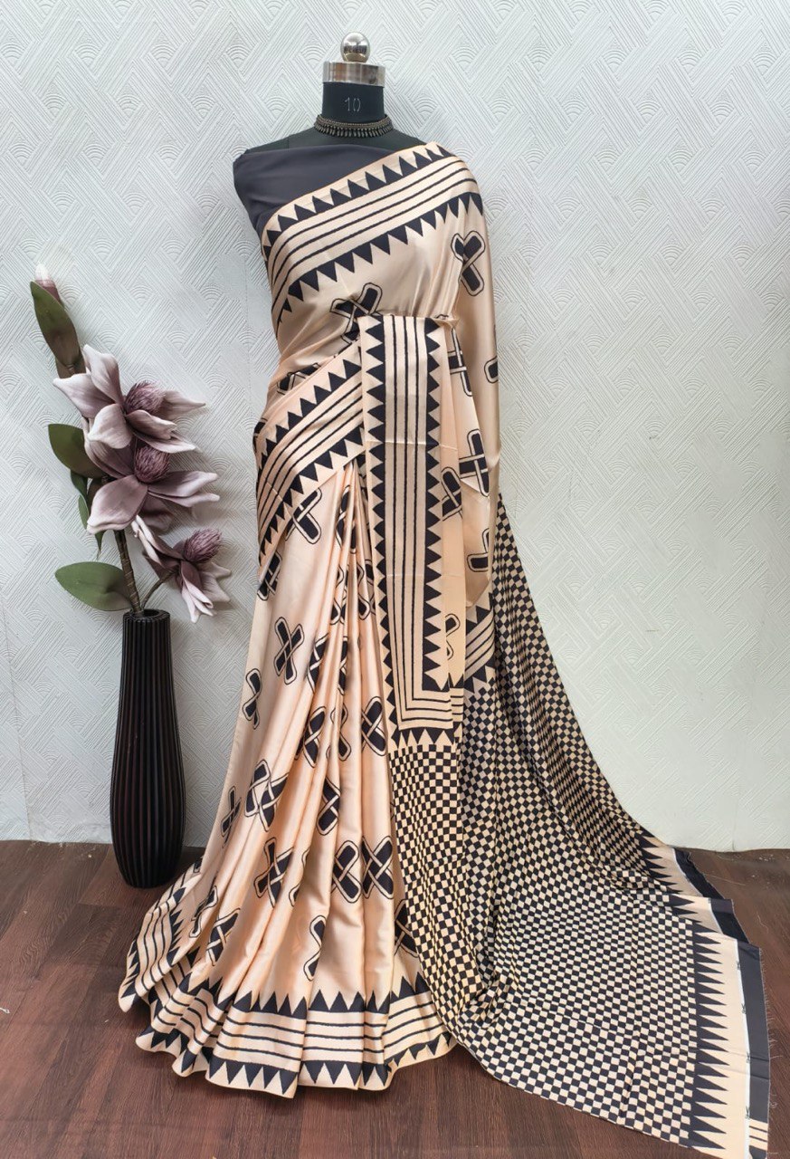 Ajrakh Polka Dot Striped Model Silk Saree with Digital Print Blouse